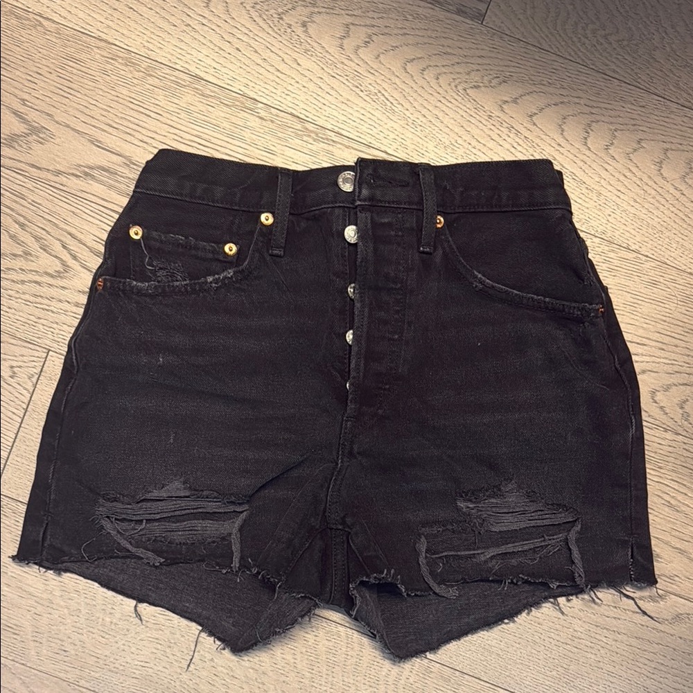 Re/Done Black Distressed Jean Shorts